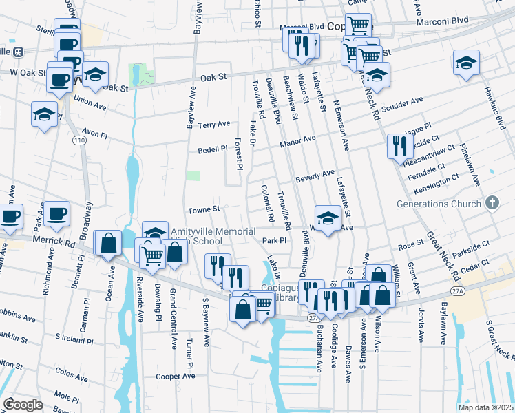 map of restaurants, bars, coffee shops, grocery stores, and more near 15 Locust Place in Copiague