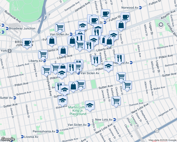map of restaurants, bars, coffee shops, grocery stores, and more near Pitkin Avenue & Schenck Avenue in Brooklyn