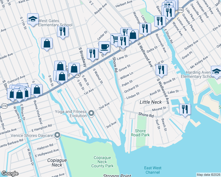 map of restaurants, bars, coffee shops, grocery stores, and more near 759 Pecan Street in Lindenhurst
