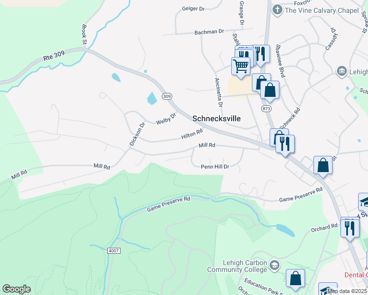 map of restaurants, bars, coffee shops, grocery stores, and more near 4718 Mill Road in Schnecksville