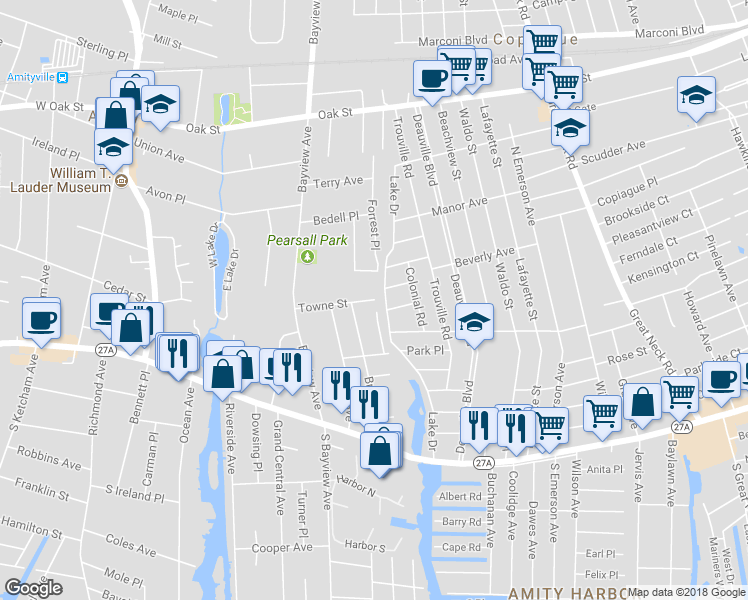 map of restaurants, bars, coffee shops, grocery stores, and more near 111 Towne Street in Amityville