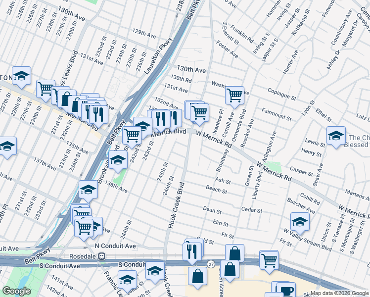 map of restaurants, bars, coffee shops, grocery stores, and more near 13340 Hook Creek Boulevard in Queens