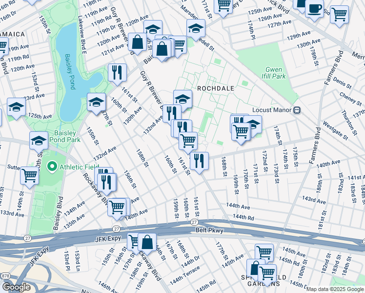map of restaurants, bars, coffee shops, grocery stores, and more near 134-21 161 Street in Queens