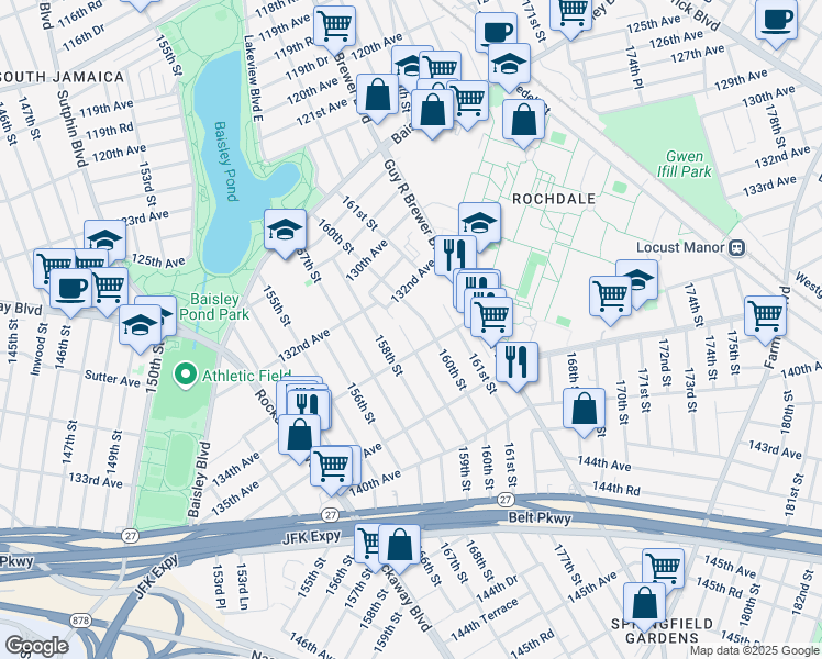 map of restaurants, bars, coffee shops, grocery stores, and more near 132-47 158th Street in Queens