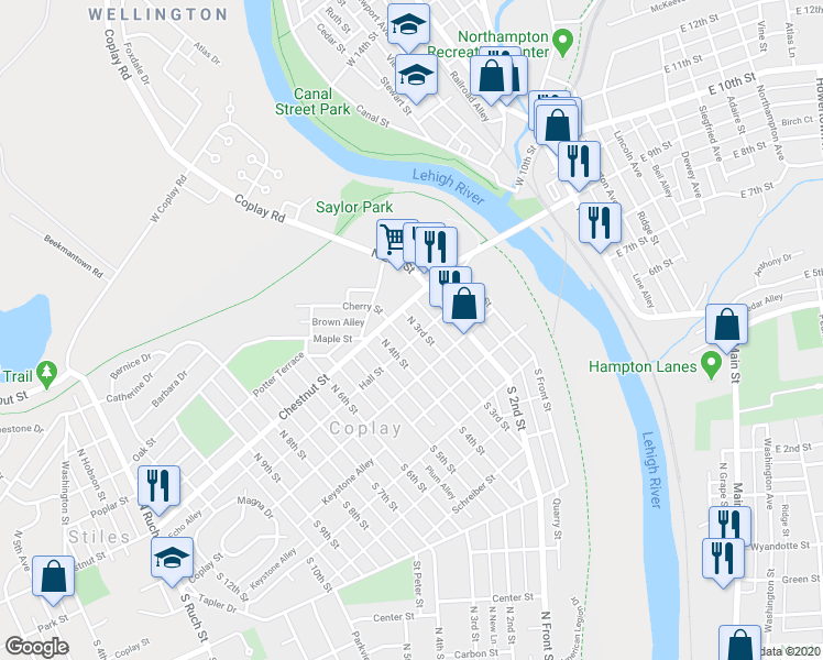 map of restaurants, bars, coffee shops, grocery stores, and more near 38 North 3rd Street in Coplay
