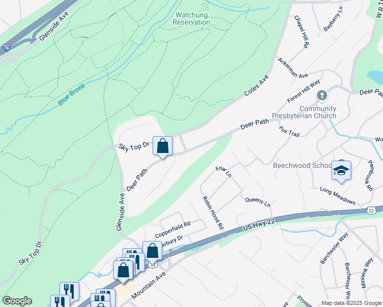 map of restaurants, bars, coffee shops, grocery stores, and more near 1597 Deer Path in Mountainside