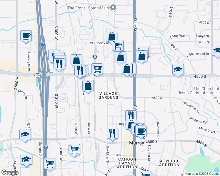 map of restaurants, bars, coffee shops, grocery stores, and more near 4578 Box Elder Street in Murray