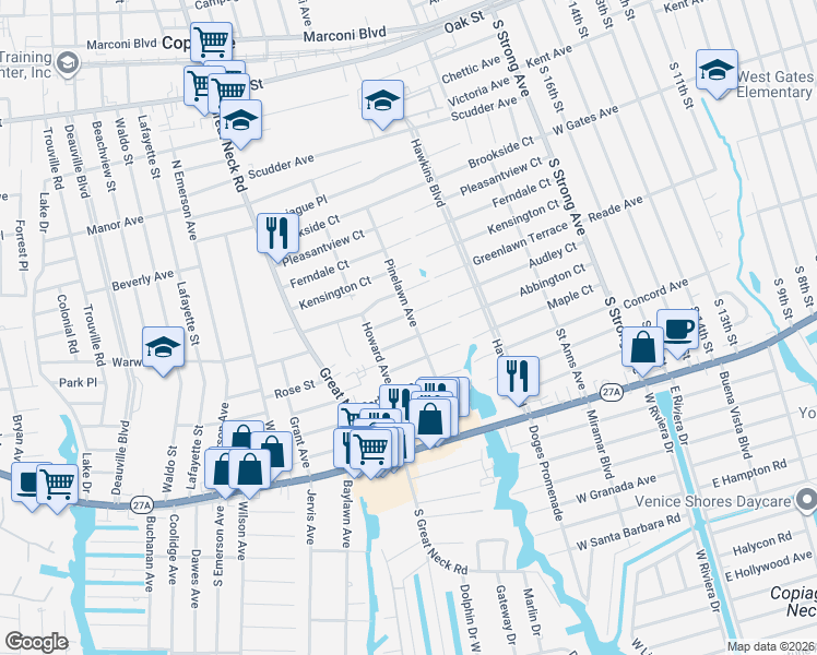 map of restaurants, bars, coffee shops, grocery stores, and more near 84A Abbington Court in Copiague