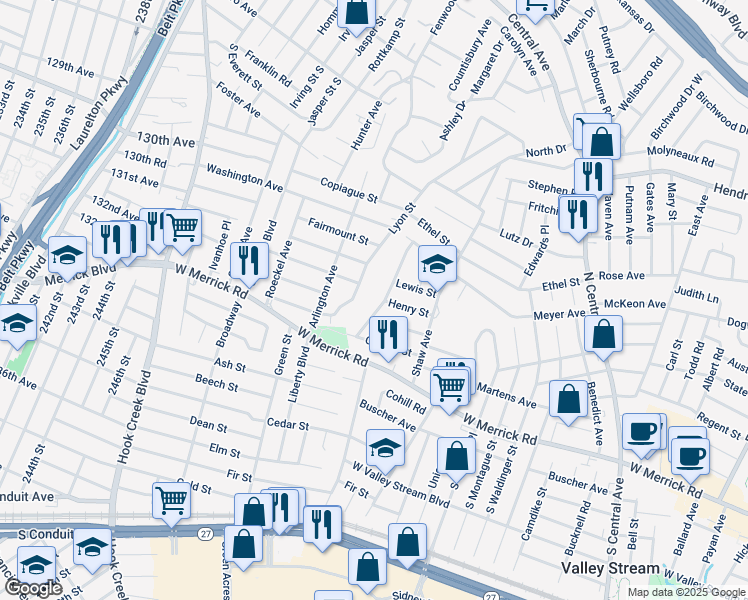 map of restaurants, bars, coffee shops, grocery stores, and more near 50 Guenther Avenue in Valley Stream