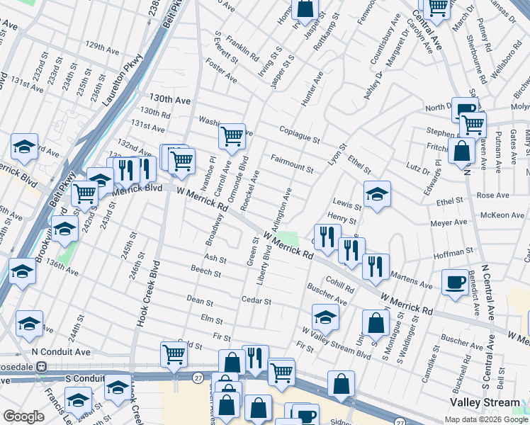 map of restaurants, bars, coffee shops, grocery stores, and more near 709 West Merrick Road in Valley Stream