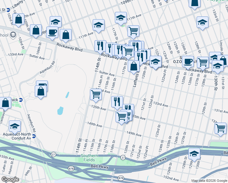 map of restaurants, bars, coffee shops, grocery stores, and more near 133-08 117th Street in Queens