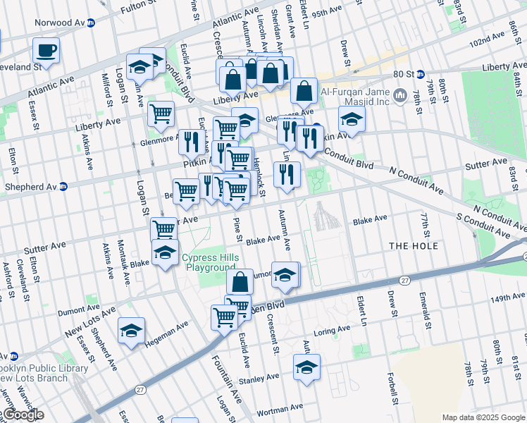 map of restaurants, bars, coffee shops, grocery stores, and more near 623 Crescent Street in Brooklyn