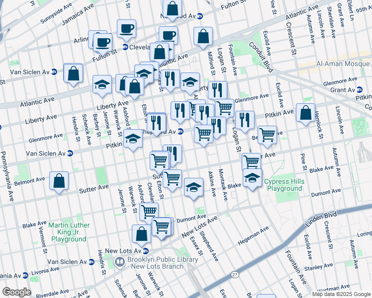 map of restaurants, bars, coffee shops, grocery stores, and more near 461 Essex Street in Brooklyn