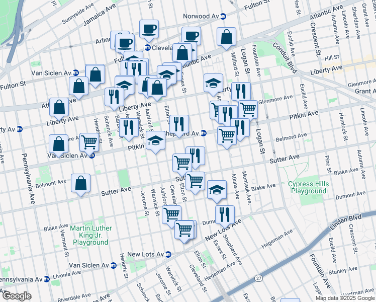map of restaurants, bars, coffee shops, grocery stores, and more near 522 Linwood Street in Brooklyn