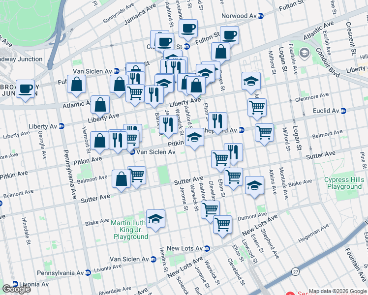 map of restaurants, bars, coffee shops, grocery stores, and more near 456 Warwick Street in Brooklyn