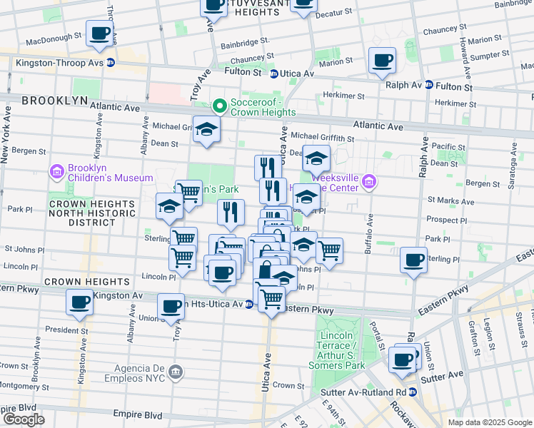 map of restaurants, bars, coffee shops, grocery stores, and more near 1367 Park Place in Brooklyn