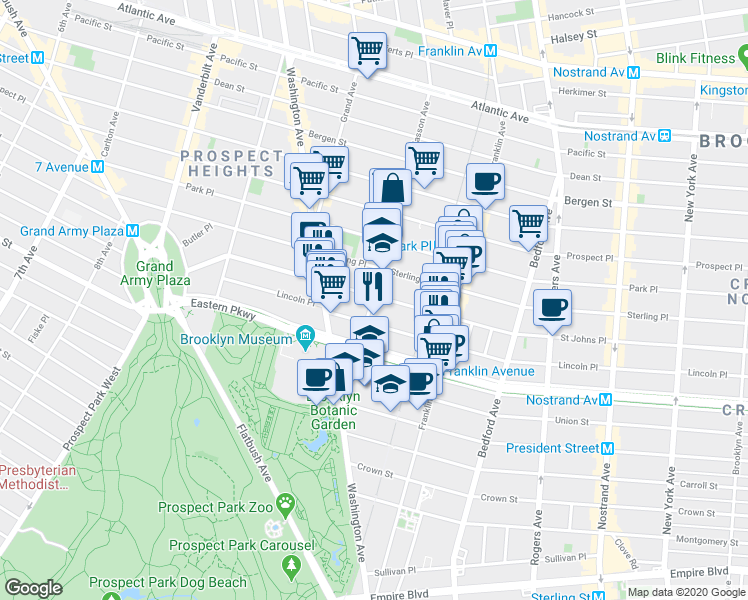 map of restaurants, bars, coffee shops, grocery stores, and more near 558 Saint Johns Place in Brooklyn