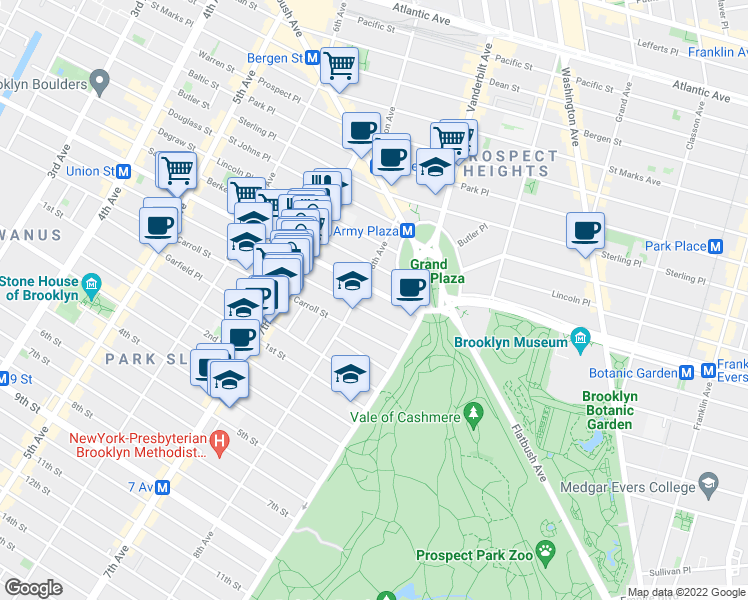 map of restaurants, bars, coffee shops, grocery stores, and more near 916 President Street in Brooklyn