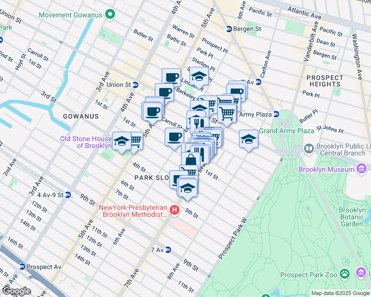 map of restaurants, bars, coffee shops, grocery stores, and more near 425 1st Street in Brooklyn