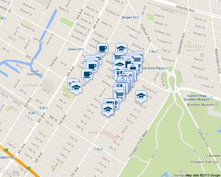 map of restaurants, bars, coffee shops, grocery stores, and more near 425 1st Street in Brooklyn