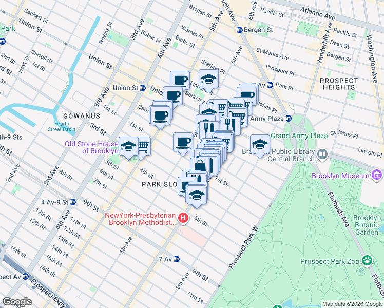 map of restaurants, bars, coffee shops, grocery stores, and more near 425 1st Street in Brooklyn