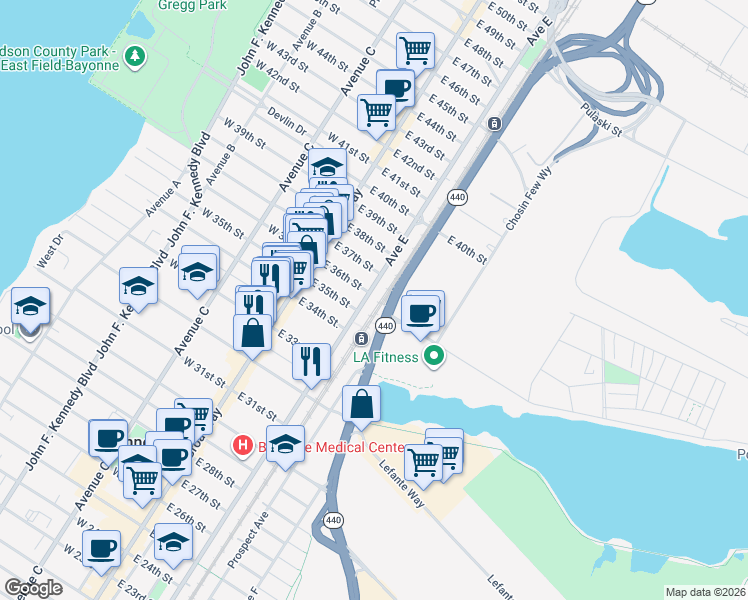 map of restaurants, bars, coffee shops, grocery stores, and more near 556 Avenue E in Bayonne