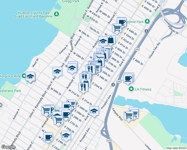 map of restaurants, bars, coffee shops, grocery stores, and more near 748 Broadway in Bayonne
