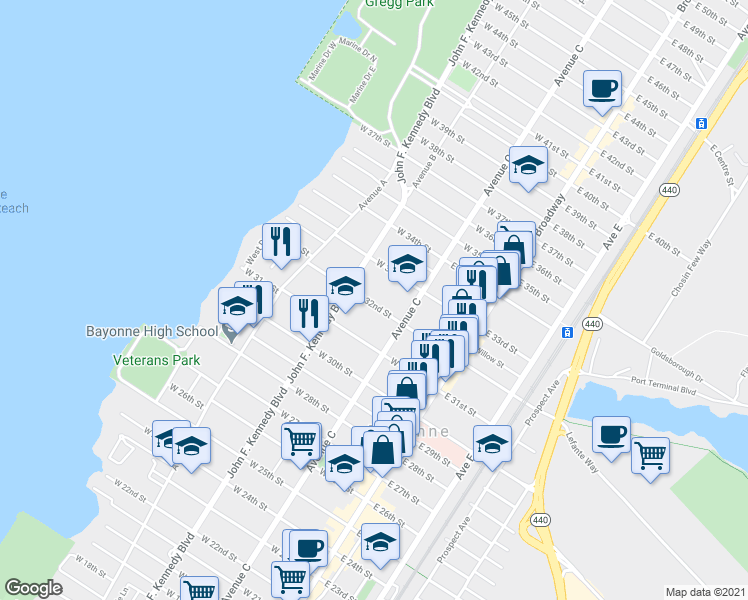 map of restaurants, bars, coffee shops, grocery stores, and more near 79 West 31st Street in Bayonne
