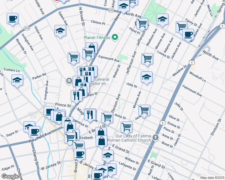 map of restaurants, bars, coffee shops, grocery stores, and more near 1147 Mary Street in Elizabeth