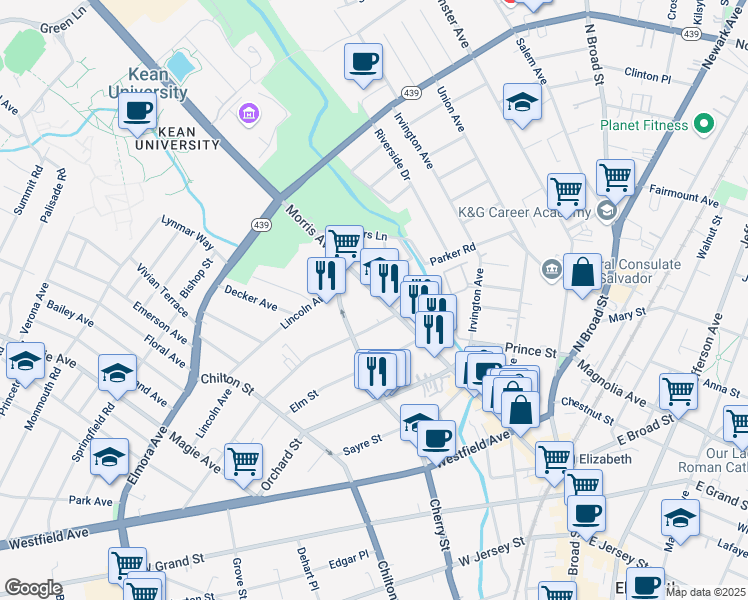 map of restaurants, bars, coffee shops, grocery stores, and more near 506 Morris Avenue in Elizabeth