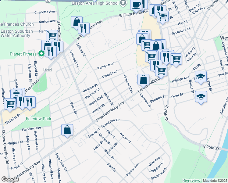 map of restaurants, bars, coffee shops, grocery stores, and more near 2811 Oregon Street in Easton