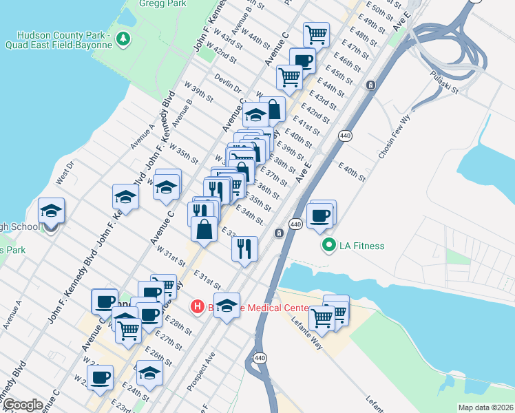 map of restaurants, bars, coffee shops, grocery stores, and more near 38 East 34th Street in Bayonne