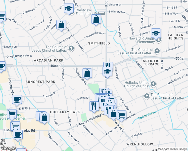 map of restaurants, bars, coffee shops, grocery stores, and more near 2193 Carriage Lane in Holladay