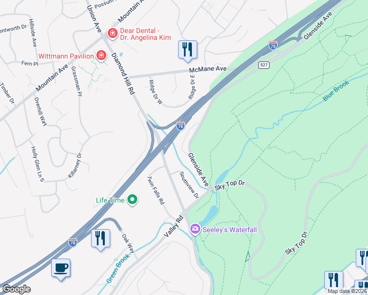 map of restaurants, bars, coffee shops, grocery stores, and more near 1 Springholm Drive in Berkeley Heights