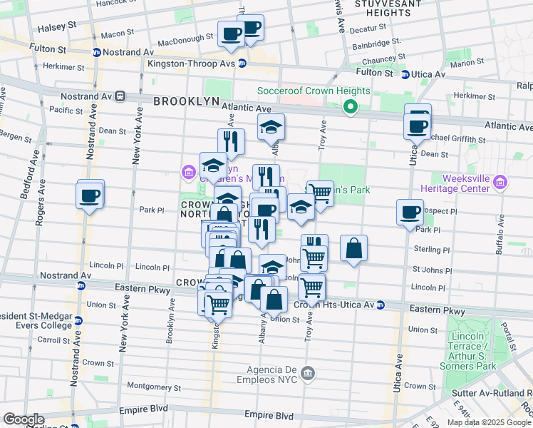 map of restaurants, bars, coffee shops, grocery stores, and more near 1155 Park Place in Brooklyn