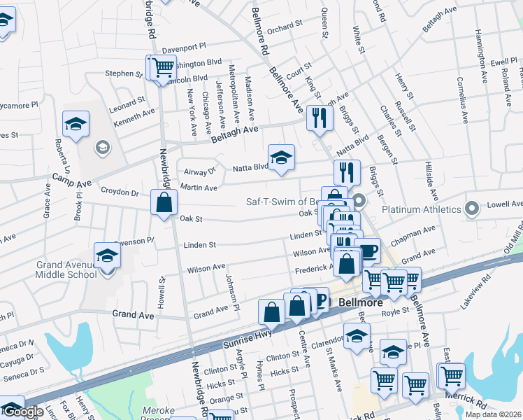 map of restaurants, bars, coffee shops, grocery stores, and more near 241 Oak Street in Bellmore