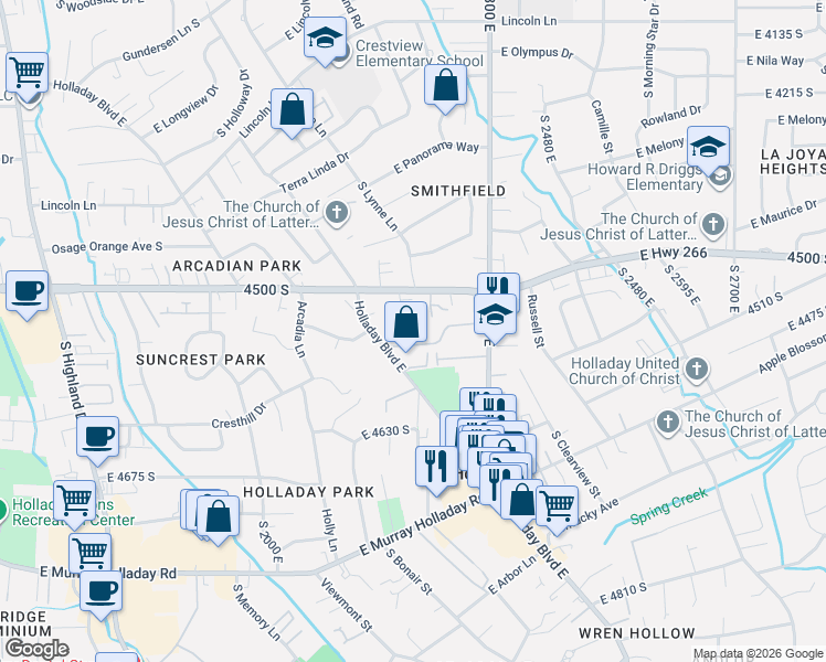 map of restaurants, bars, coffee shops, grocery stores, and more near 2209 Carriage Lane in Holladay