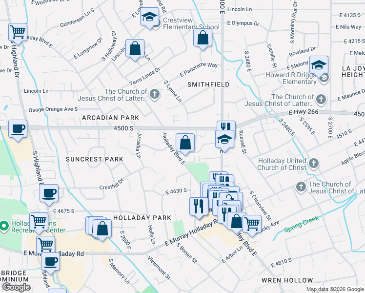 map of restaurants, bars, coffee shops, grocery stores, and more near 2193 Carriage Lane in Holladay