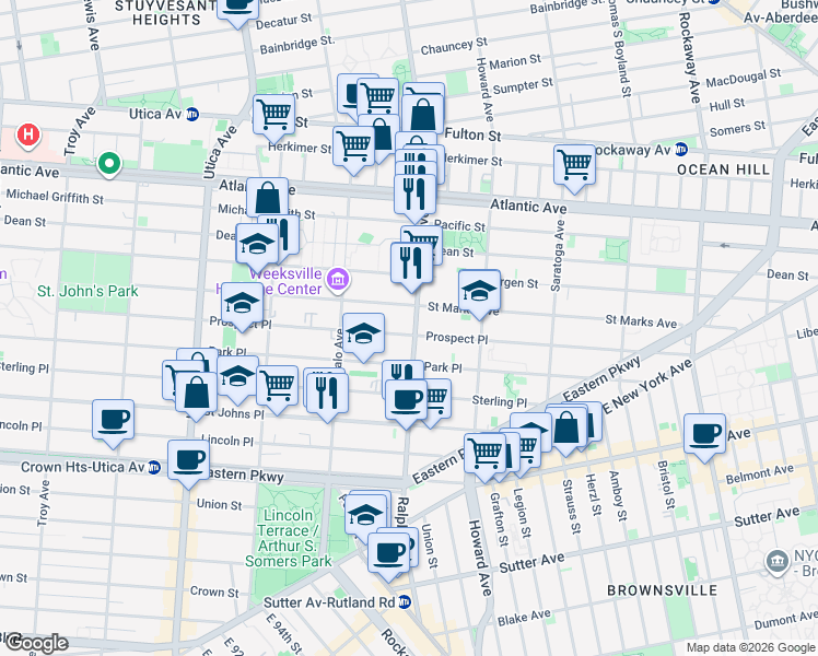 map of restaurants, bars, coffee shops, grocery stores, and more near 1618 Prospect Place in Brooklyn