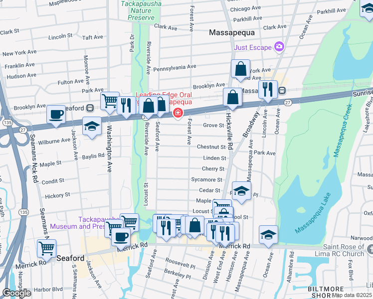 map of restaurants, bars, coffee shops, grocery stores, and more near 44 Chestnut Street in Massapequa