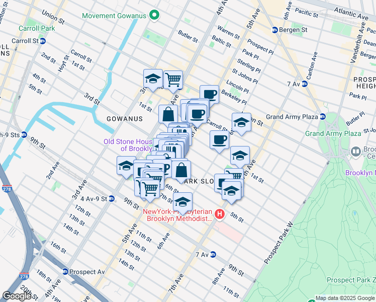 map of restaurants, bars, coffee shops, grocery stores, and more near 341 5th Avenue in Brooklyn