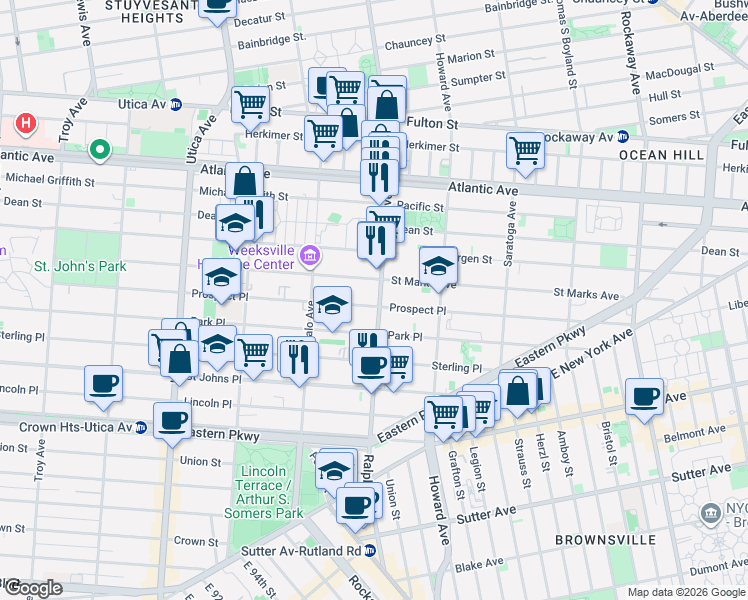 map of restaurants, bars, coffee shops, grocery stores, and more near 476 Ralph Avenue in Brooklyn