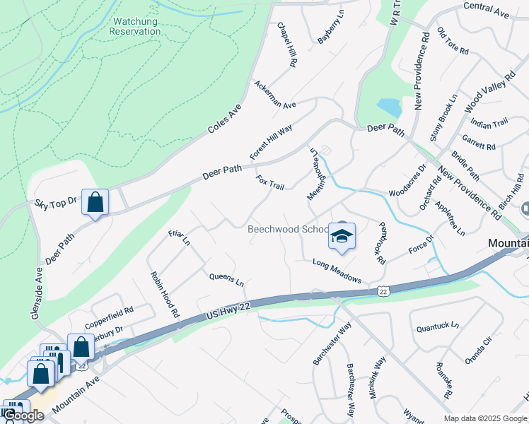 map of restaurants, bars, coffee shops, grocery stores, and more near 246 Fawn Ridge in Mountainside