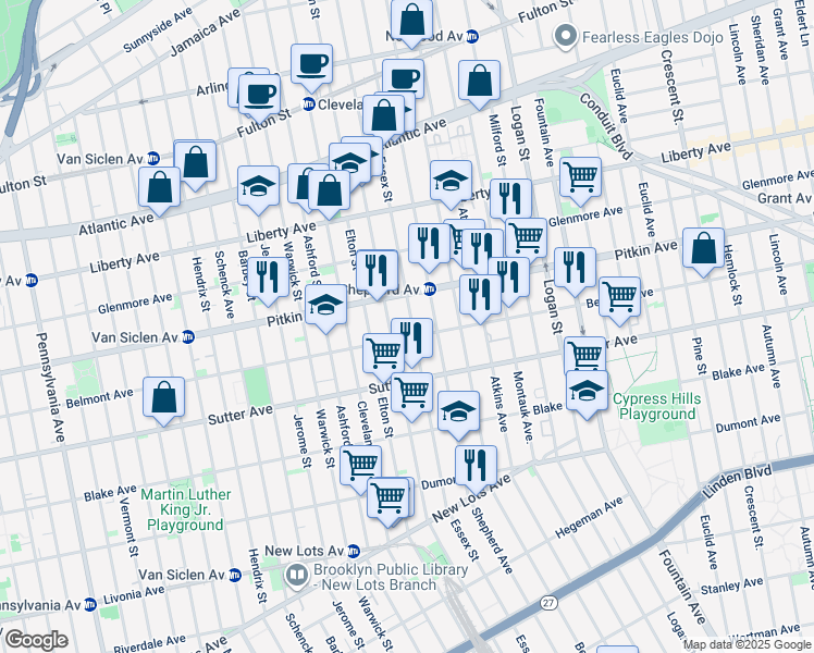 map of restaurants, bars, coffee shops, grocery stores, and more near 444 Essex Street in Brooklyn