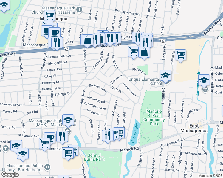 map of restaurants, bars, coffee shops, grocery stores, and more near 57 Scott Street in Massapequa Park