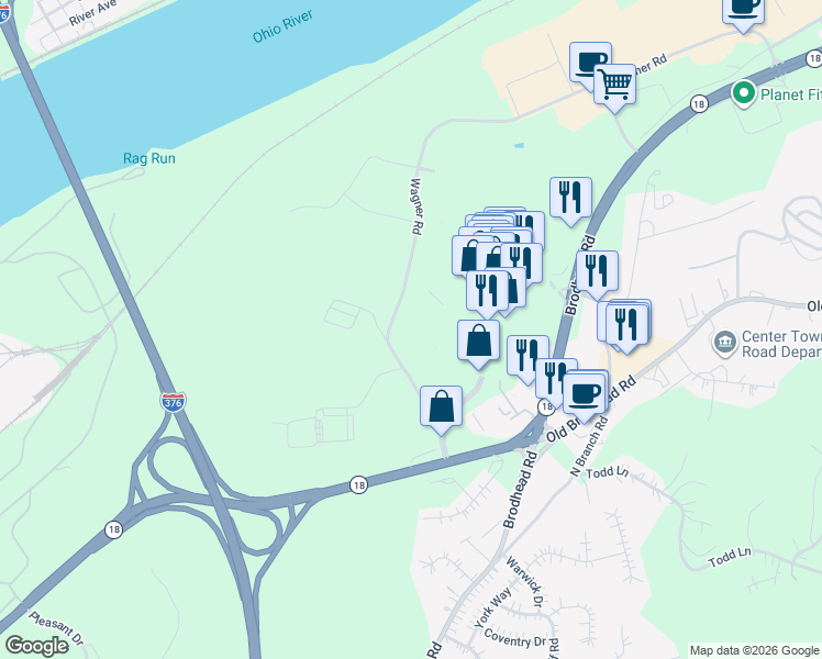 map of restaurants, bars, coffee shops, grocery stores, and more near Hill Road in Monaca