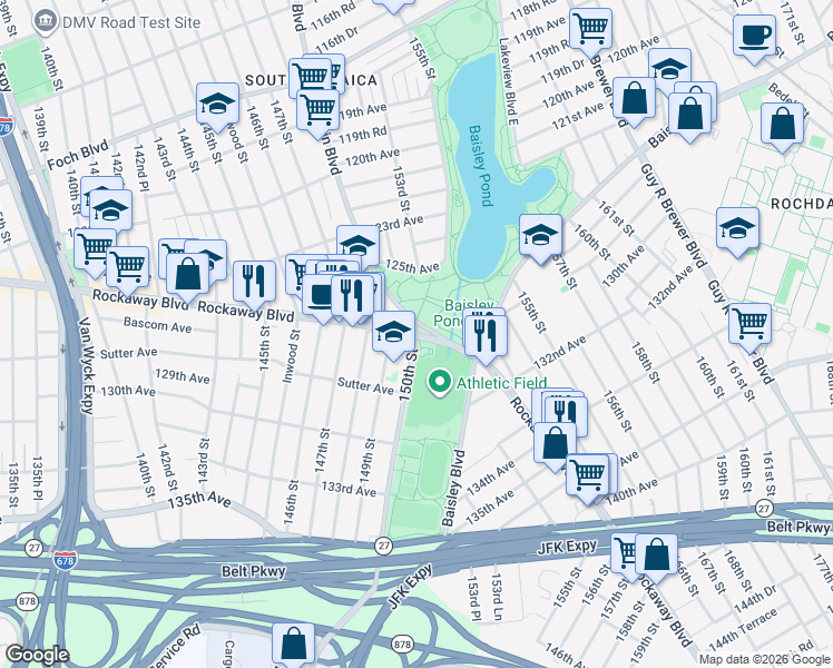 map of restaurants, bars, coffee shops, grocery stores, and more near Rockaway Blvd & 150th St in Queens