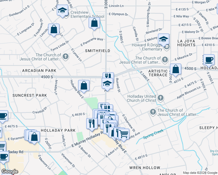 map of restaurants, bars, coffee shops, grocery stores, and more near 2331 East John Holladay Court in Holladay
