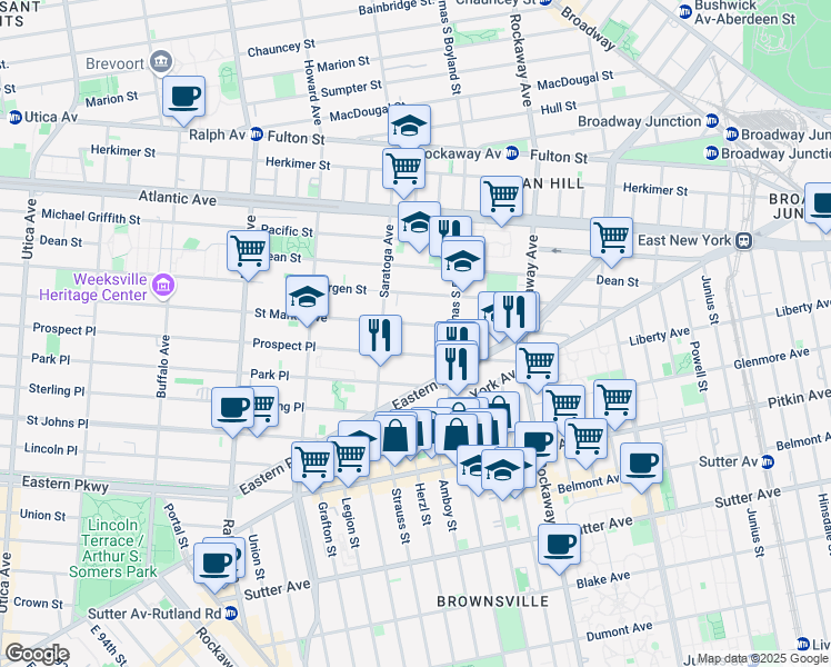 map of restaurants, bars, coffee shops, grocery stores, and more near 1841 Prospect Place in Brooklyn