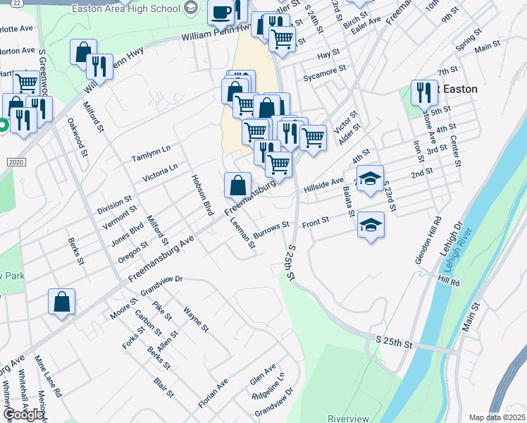map of restaurants, bars, coffee shops, grocery stores, and more near 2525 Burrows Street in Easton